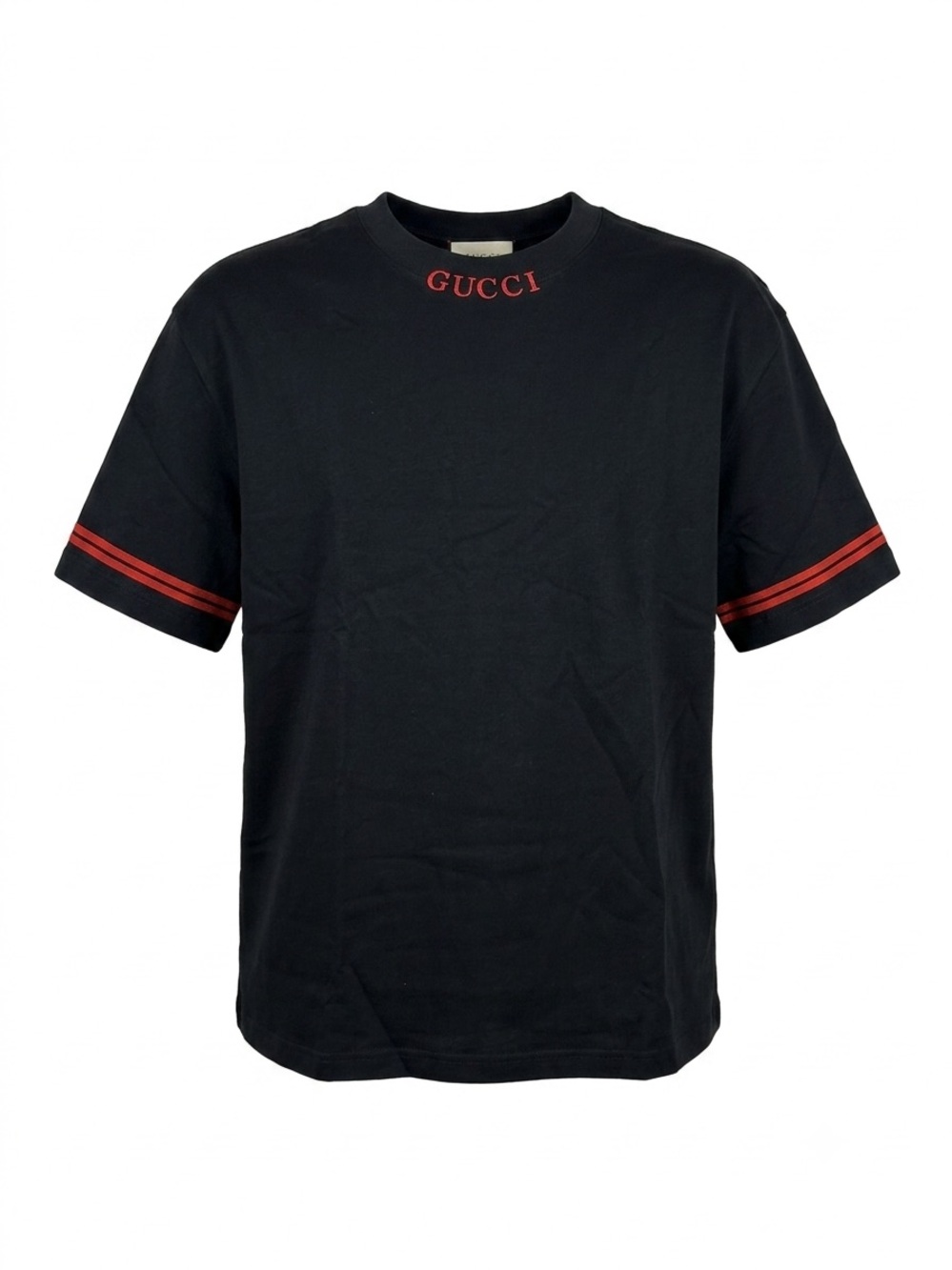 Gucci Black Short-Sleeve Tee with Red Velvet stripes